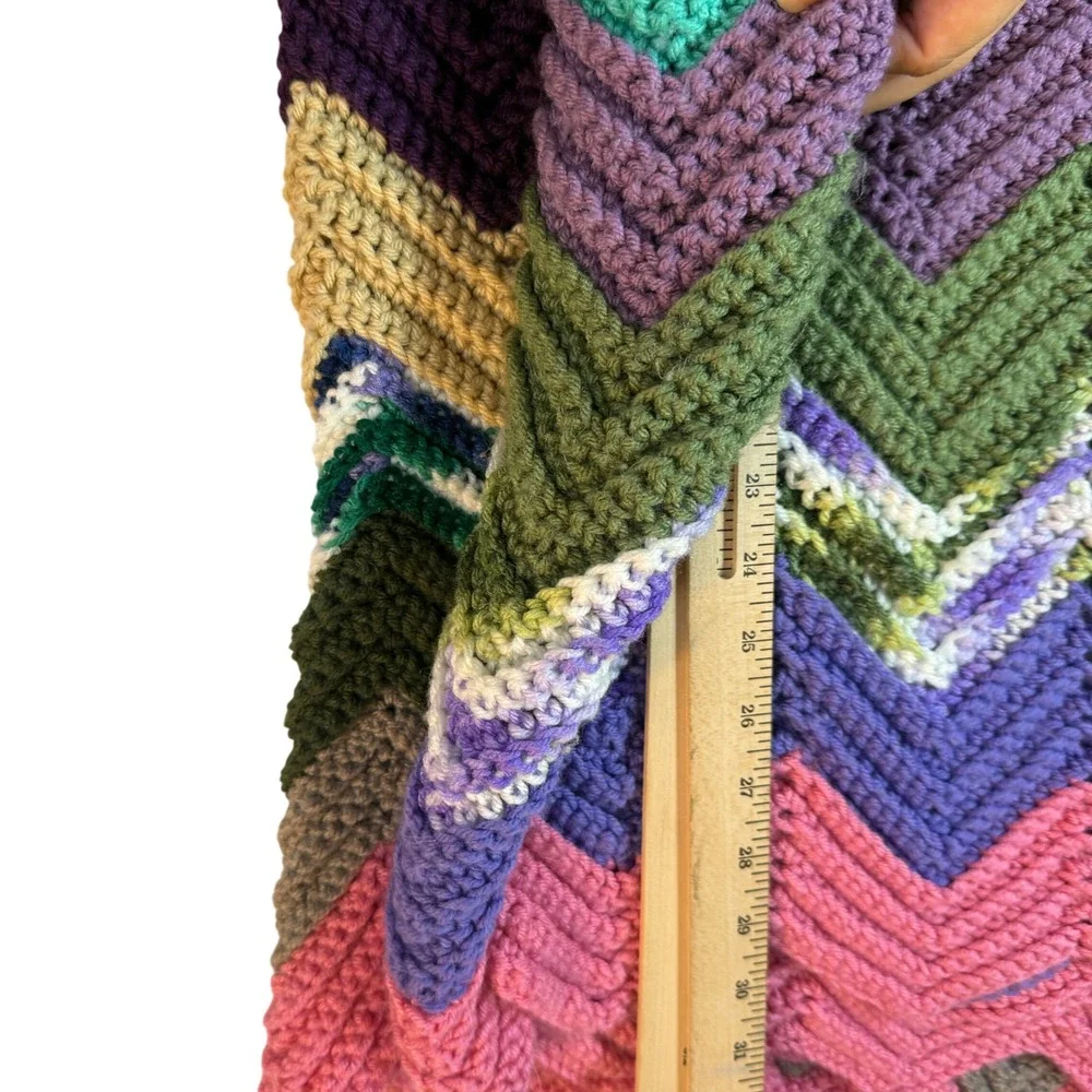 Vintage 70 Crochet Afghan Blanket Chevron Zig Zag Multicolor Handmade Boho Throw